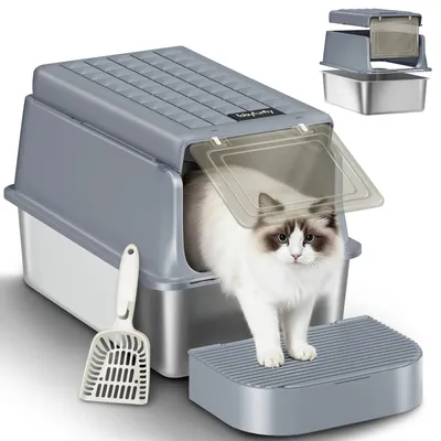 Image de Bac à litière en acier inoxydable - Bac à litière XXL avec couvercle - Semi-fermé - Avec pelle - Avec repose-pieds - Facile à nettoyer - Gris foncé