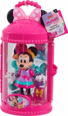 A Minnie Mouse fashion doll in a pink carrying case.