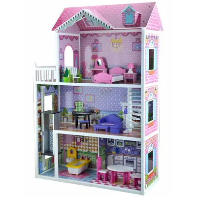 Produktbild von 4iQ Große Holzpuppenhaus JULIA 84x34x124 cm mit Zubehör und Aufzug