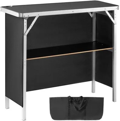 Zdjęcie produktu dla Przenośna lada targowa Składana lada targowa czarna - Stojak targowy Stojak wystawowy 975 x 385 x 870 mm - Stolik promocyjny Lada promocyjna z półką do przechowywania wraz z torbą transportową.