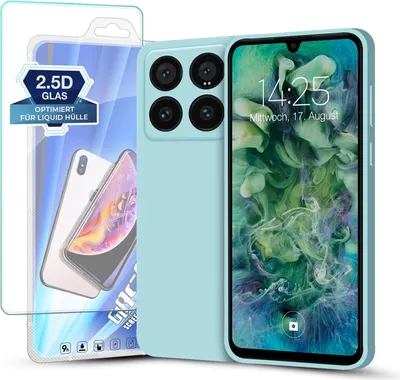Produktbild von Hülle für Xiaomi 14 Pro mit 9H Displayglas Displayschutz Plus Case Cover Bumper Silikon Softgrip Schutzhülle Farbe: Hellblau