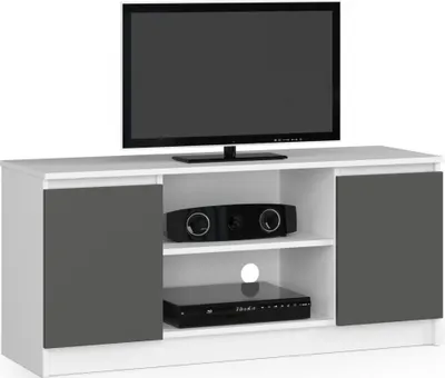 Produktbild von TV-Schrank Fernsehkommode K-120 ein offenes Regalfach 2 Ablagen mit Türen links und rechts Funktional Für Wohnzimmer Möbel Lowboard Universelles Design H55 x B120 x T40 cm Gewicht 30 kg Farbe: Weiß Dunkelgrau