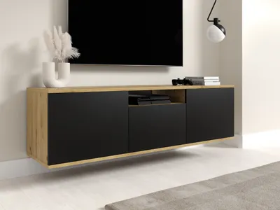Produktbild von TV-Schrank 150 cm hängend, Fernsehtisch, Lowboard, Artisan/Schwarz Matt, Modernes Design, "Masimo"