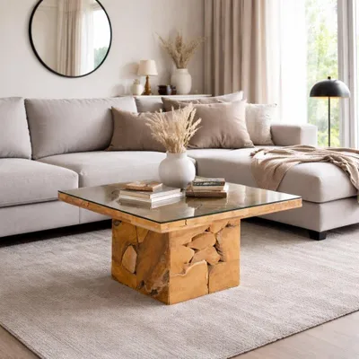 Produktbild von Massiver Couchtisch SQUARE aus Teakholz 80cm mit Glasplatte