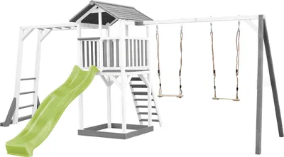 Produktbild von AXI Beach Tower Spielturm aus Holz in Weiß & Grau | Spielhaus für Kinder mit hellgrüner Rutsche, Klettergerüst, Doppelschaukel und Sandkasten | Stelzenhaus für den Garten