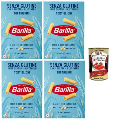 Produktbild von Barilla Glutenfrei Tortiglioni – 4 x 400 g (1,6 kg) | Röhrennudeln aus Mais & Vollkornreis, al dente in 10 Min., vegan & glutenfrei – ideale Saucenhaftung + Italian Gourmet polpa