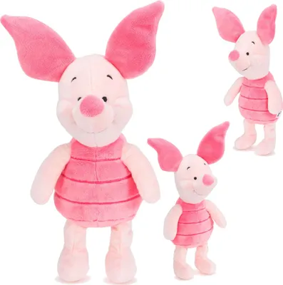 Three plush toys of the character Piglet from Winnie the Pooh are displayed against a white background. The largest toy is in the foreground, with two smaller ones in the midground and background.