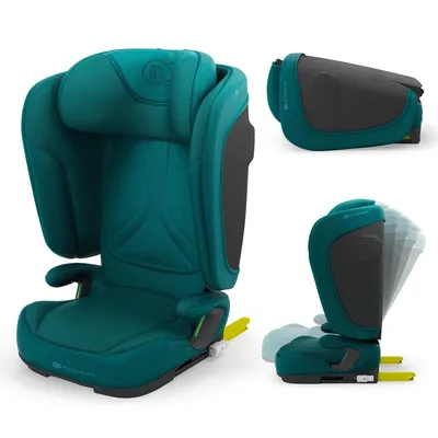 A collage of images showing a teal and gray child car seat from different angles.