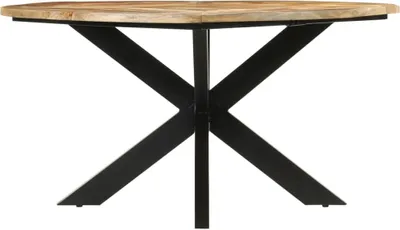 Produktbild von vidaXL Esstisch aus massivem rauem Mangoholz, Rund, Ø150x76 cm, Schwarz, Vintage, mit Metallgestell