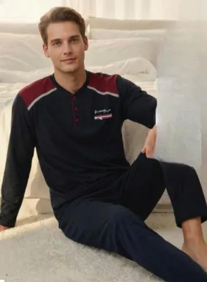 Produktbild von Herren Pyjama Schlafanzug Marineblau XL Baumwolle Lang M-75