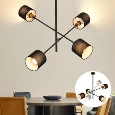 Produktbild von ZMH Pendelleuchte Schwarz 4 Flammig Esstisch Hängelampe Vintage mit Stoffschirm E14 Fassung Hängeleuchte Pendellampe für Wohnzimmer Esszimmer Schlafzimmer, Ohne Leuchtmittel