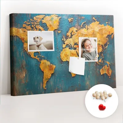 Obrázek produktu pro Korková nástěnka s kolíčky - Tabule s kolíky pro fotografie a poznámky - 60x40 cm - Připínáčky dřevěné 100 kusů - Dekorativní mapa světa