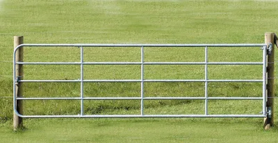 A metal farm gate is shown in a grassy field.