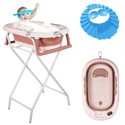 Produktbild von Faltbare Babybadewanne mit Ständer, XL Baby Badewanne Faltbar mit Thermometer, Badekissen und Duschhaube,Babybadewanne Neugeborene,für Baby Geschenk
