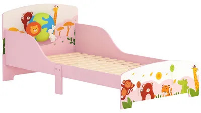 Produktbild von Kinder-Bodenbett mit Tiermotiv, 140 x 70 cm, mit niedrigem, sicherem Lattenrost aus Holz, rosa