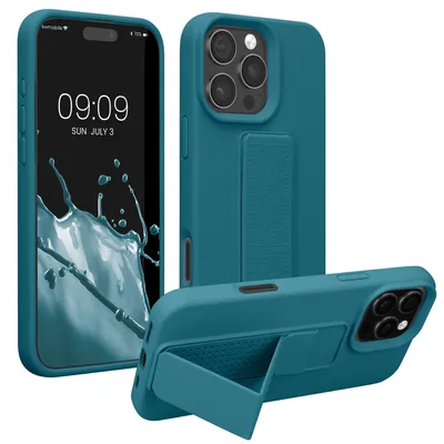 Produktbild von kwmobile Handyhülle für Apple iPhone 16 Pro Hülle - TPU Silikon Case mit Fingerhalter und Stand - Schutzhülle Cover in Petrol matt