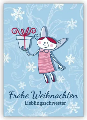 Produktbild von 4x Niedliche Weihnachtskarte mit Geschenke Engel: Frohe Weihnachten Lieblingsschwester