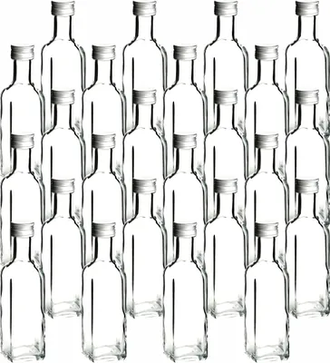 Produktbild von gouveo 24er Set Glasflaschen 100 ml Maraska klar mit Deckel silberfarben - Kleine Maraska Flaschen 0,1 l