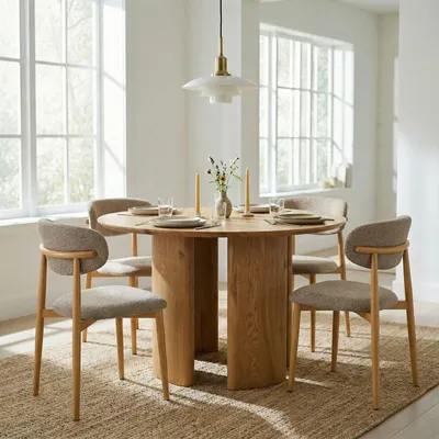 Produktbild von Essgruppe ARVIKA/ARIEL mit Tisch und 4 Stühlen, Eiche/Beige - Essgruppe mit 4 Stühlen, Esstisch rund 120 cm, robuste und pflegeleichte Tischplatte, Esszimmermöbel für moderne Essplätze