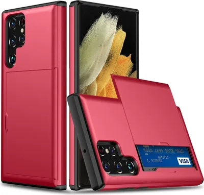 Produktbild von Schutzhülle für Samsung Galaxy S22 Ultra Rot Handyhülle Schutztasche Case Cover Tasche Transparent Smartphone Bumper (Kartensteckplatz-Kreditkarte-Geldscheine)