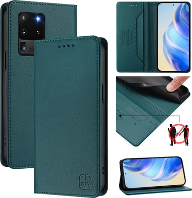 Obrázek produktu pro Kožené pouzdro pro Samsung Galaxy S20 Ultra, flipové pouzdro s přihrádkami na karty, peněženkou a stojánkem Tmavě zelená