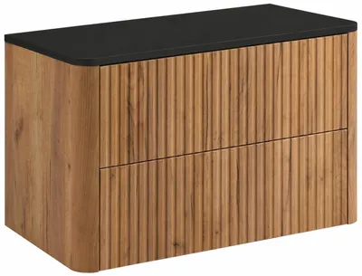 Image de Armoire de salle de bain, dimensions 80 cm, finition chêne imitation, plateau noir, dimensions totales : 80,8 x 44,2 x 50 cm, productTiles.product.images.aiGenerated
