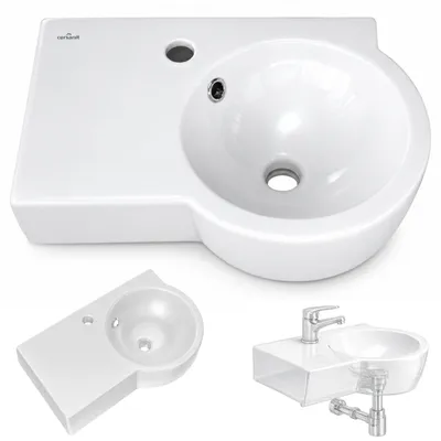Produktbild von paplinskioebel Keramik-Waschtisch 49,5x 34,5x 14,5 cm weißer Waschtisch, hochglänzend, runder flächenbündiger Waschtisch, linke Seite