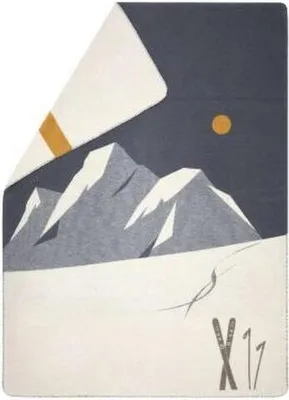 A graphic illustration of a snowy mountain landscape with skis and ski tracks.