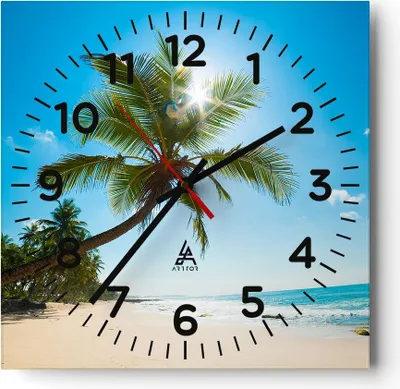 Produktbild von Wanduhr - Quadrat - Glasuhr - Strand Palme Meer - 30x30cm - Schleichendes Uhrwerk - Lautlos - zum Aufhängen bereit - Dekoration Modern - Wanddekoration aus Glas - C4AC30x30-3570