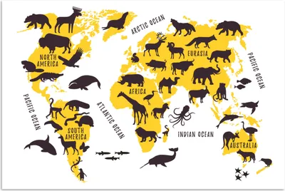 Produktbild von MuchoWow® Poster Weltkarte - Gelb - Tiere 90x60 cm - Schlafzimmer
