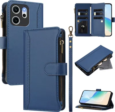 Produktbild von Handyhülle für Oppo Reno14 F Reißverschluss Geldbörse Kunstleder Klapphülle mit Kartensteckplatz, Ständer, Handschlaufe Dunkelblau