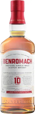 A bottle of Benromach 10 Years Old Speyside Single Malt Scotch Whisky.