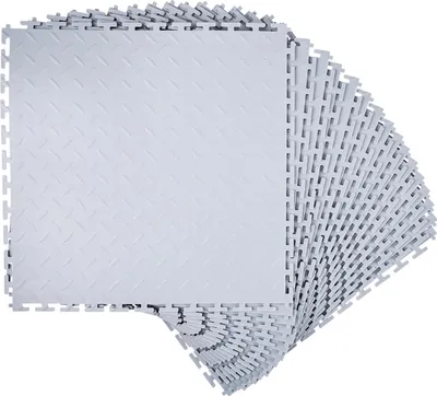 Obrázek produktu pro SucceBuy PVC podlahová krytina do garáže, 16 balení 513x513x5 mm, podlahová krytina pro dílny a průmysl, snadná pokládka na zacvaknutí, protiskluzové PVC rohože s kosočtvercovým vzorem, vhodné do skladů, nářaďovny, světle šedá barva