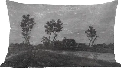Produktbild von MuchoWow® Zierkissen Sofakissen Wohnzimmer Dekokissen 50x30 cm Landschaft bei Sonnenuntergang - Vincent van Gogh - Schwarz und weiß - Wohnzimmerdekoration - Polster mit Photo