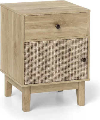 Zdjęcie produktu dla Stolik nocny z rattanu z szufladą i szafką - styl boho