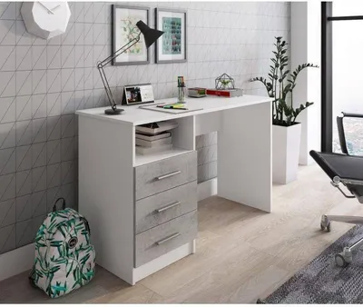 Produktbild von Linearer Schreibtisch für Büro und Arbeitszimmer mit 3 Schubladen, Minimaler Computertisch, Schreibtisch zum Arbeiten, 120x48h75 cm, Weiß und Zementfarbe