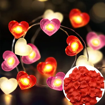 Herz-Lichterkette 2 m, 20 LEDs, 1000 Rosenblätter, batteriebetrieben