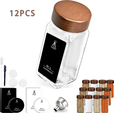 Produktbild von Gewürzgläser Set - 12 Stück - 120 ml eckige Glas Vorratsdosen - Luftdicht mit Rosenholzdeckel - Mit Gewürzetiketten - BPA-frei, spülmaschinengeeignet ohne Deckel