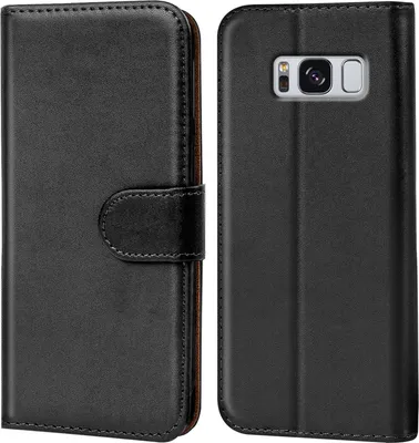 A black flip case for a Samsung Galaxy S8 phone is shown from the front and back.