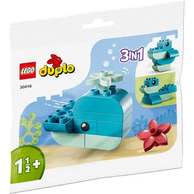A polybag containing LEGO Duplo building blocks for a whale toy, with illustrations of the toy and its alternate builds.