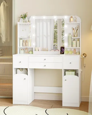Image de Table de coiffure avec support pour sèche-cheveux - Blanche - En panneaux de particules bois - Avec éclairage LED