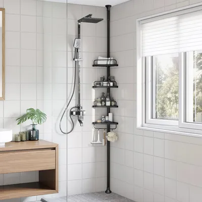 Produktbild von Dusch-Eckregal - Teleskopstange - Höhenverstellbar 85–305 cm - 4 Ablagen - Ohne Bohren - Schwarz