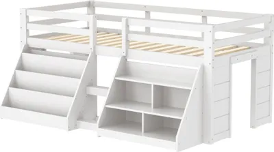 Produktbild von Merax Etagenbett Halbhohes Bett 90x200cm, mit LED-Beleuchtung, Bücherregal, Regale, Geländer, Kiefer, Kinderbett, Hochbett, Jugendbett, Weiß