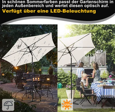 Produktbild von Aopunly Sonnenschirm Ø2.7m inkl. LED Gartenschirm 360° drehbar Terrassenschirm Ampelschirm Marktschirm Strandschirm - mit LED - Beige