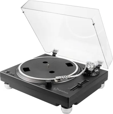 A black turntable with a clear dust cover is shown from a slightly elevated side angle against a white background.