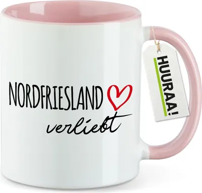 Produktbild von Huuraa Kaffeetasse Nordfriesland verliebt 330ml Rosa Keramik Kaffeebecher Geschenkidee