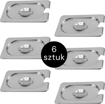 Zdjęcie produktu dla Pokrywka do pojemników GN Mega-M ze stali nierdzewnej 176x108mm, odpowiednia do pojemników 1/9, z wycięciem na chochelkę, zestaw 6 szt.