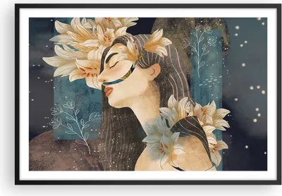 Produktbild von Gerahmtes Poster - Schwarzer Rahmen - Surreal Frau Blumen - 91,5x61 cm - Wand Bild - Wanddeko - Wandbilder - Kunstposter - Wandposter - Bilderrahmen - Bilder - Kunstdruck - P2BAA91x61-4743