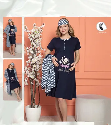 Produktbild von Schwangerschafts Pyjama Set Marineblau XXL Umstandsmode Schlafanzug mit Überzieher 3 Teiler C-69