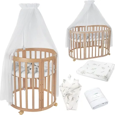 Produktbild von Waldin Babybett OWAL Kinderbett 7in1 mit Matratze, mitwachsendes Kinder-Bett,Stoffe Weiß Zweige,Holz natur